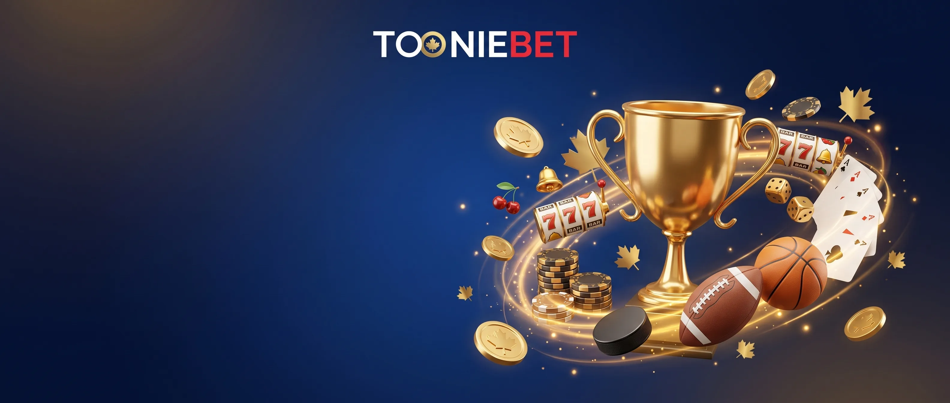 Gold trophy with casino games and sports equipment